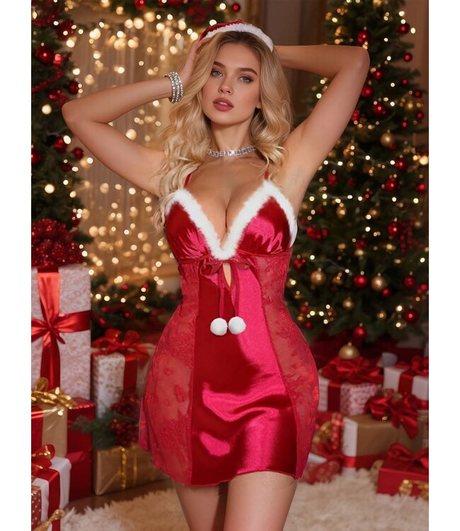 Luxe satijnen kerst lingerie jurk met kant en bont -rood