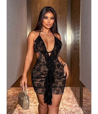 ClassyWear Sexy kanten bodycon jurkje met deep V en cut out - zwart/beige