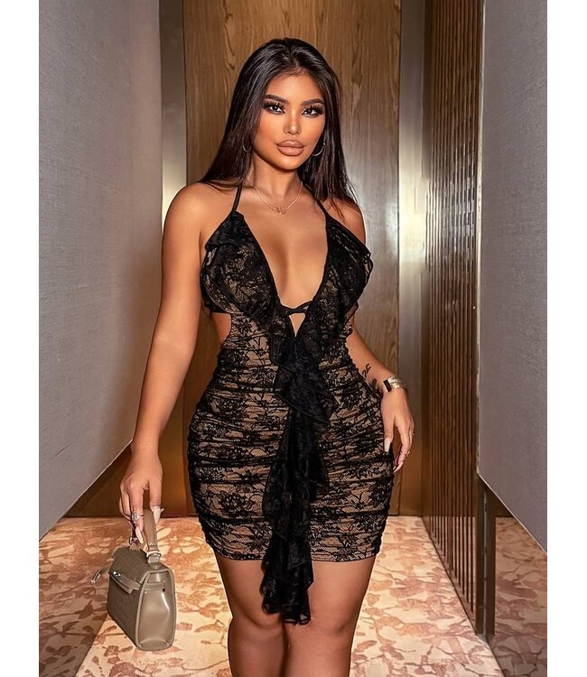 Sexy kanten bodycon jurkje met deep V en cut out - zwart/beige