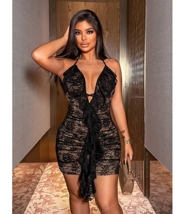 Sexy kanten bodycon jurkje met deep V en cut out - zwart/beige