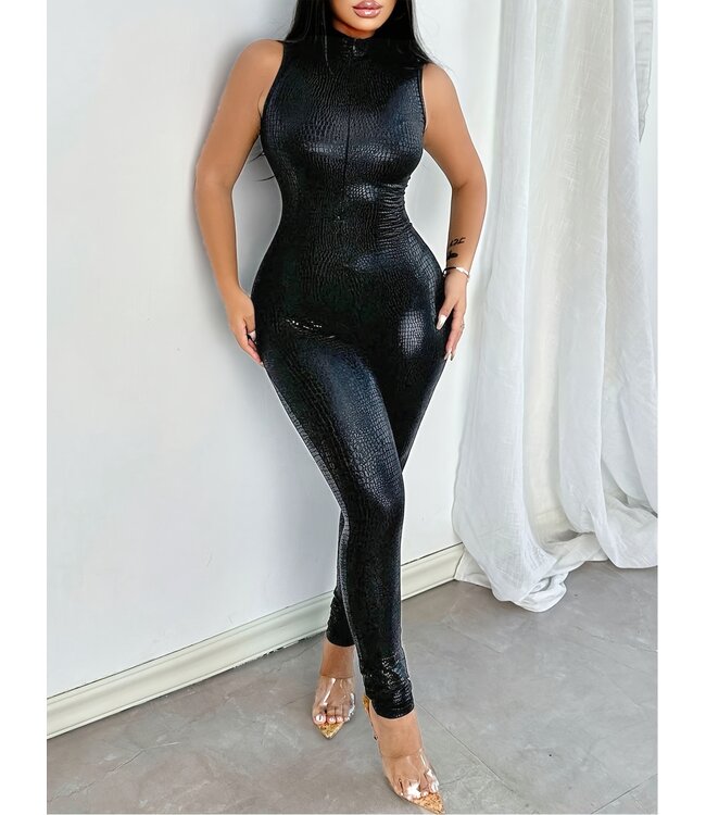 Sexy wetlook jumpsuit catsuit met prints en rits - zwart