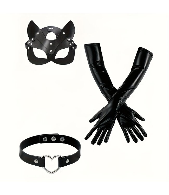 Sexy 3-delige Erotic Accessoires PU leren set - zwart