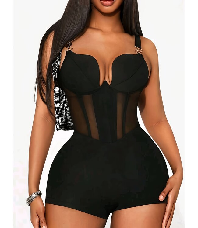 Sexy elegante bodysuit met corset look en push up BH - zwart