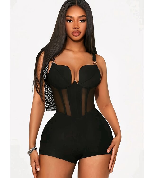 Sexy elegante bodysuit met corset look en push up BH - zwart