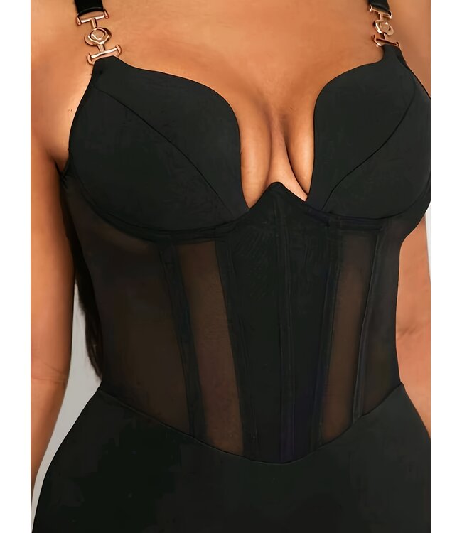 Sexy elegante bodysuit met corset look en push up BH - zwart