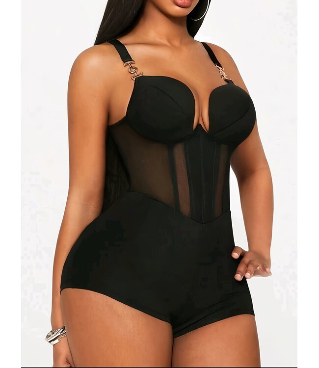 Sexy elegante bodysuit met corset look en push up BH - zwart