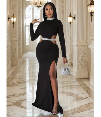 ClassyWear Luxe gala jurkje met glitter cut out - zwart