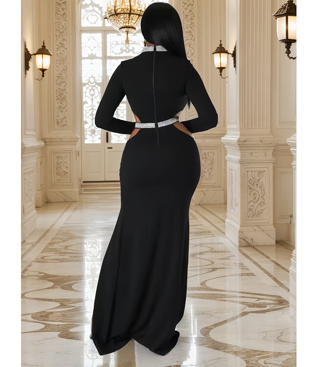 Luxe gala jurkje met glitter cut out - zwart