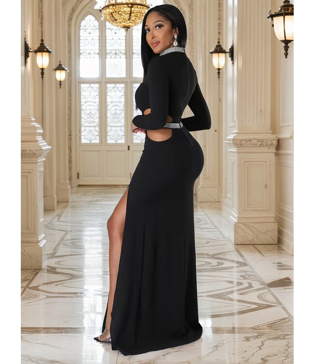 Luxe gala jurkje met glitter cut out - zwart