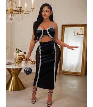 ClassyWear Luxe gala jurk met mesh en strass - zwart