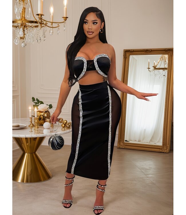 Luxe gala jurk met mesh en strass - zwart