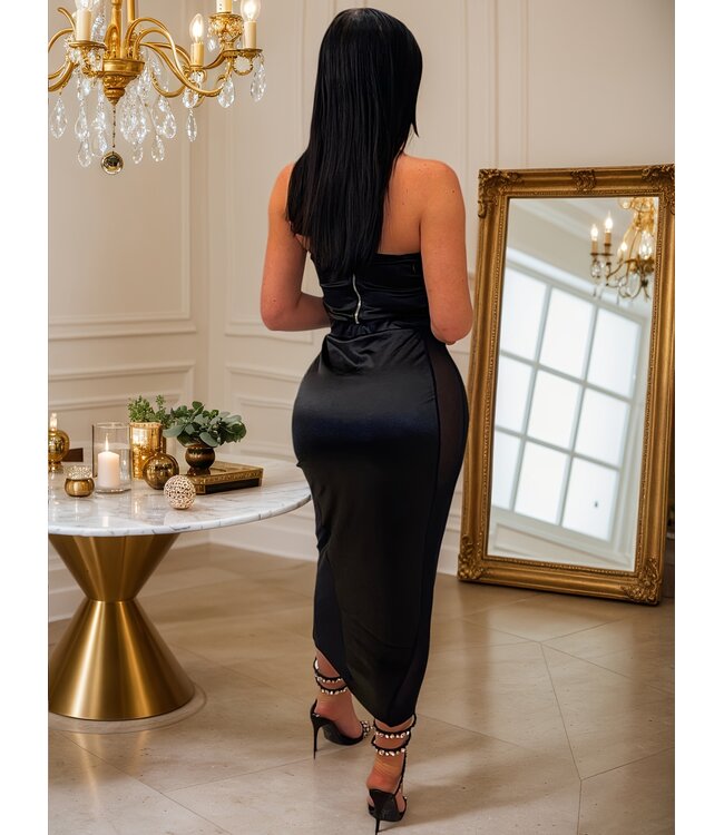 Luxe gala jurk met mesh en strass - zwart