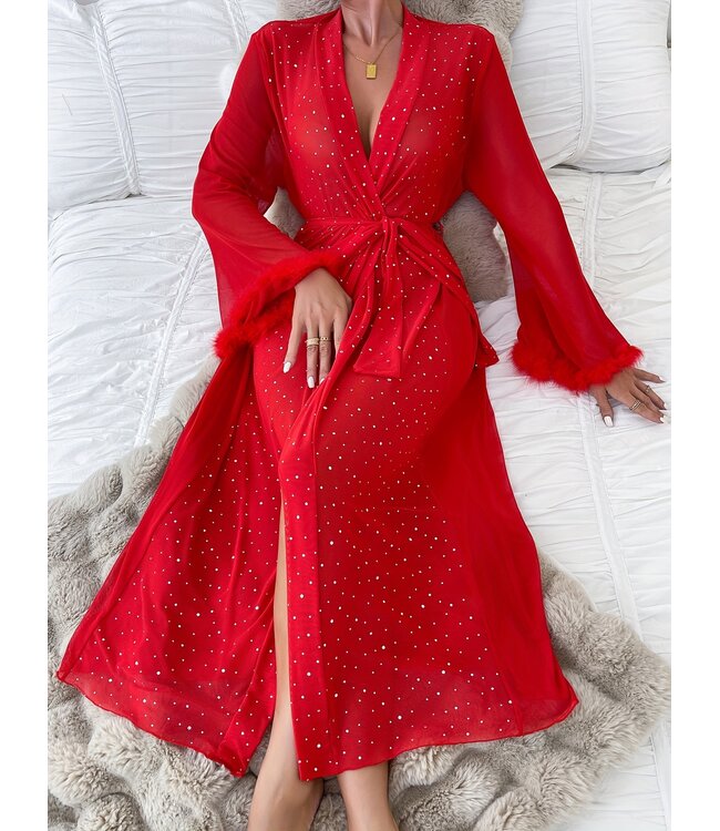 Luxe kimono sexy lingerie met strass en bont - rood