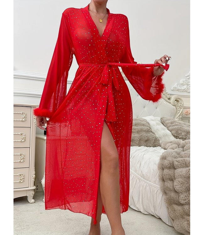 Luxe kimono sexy lingerie met strass en bont - rood