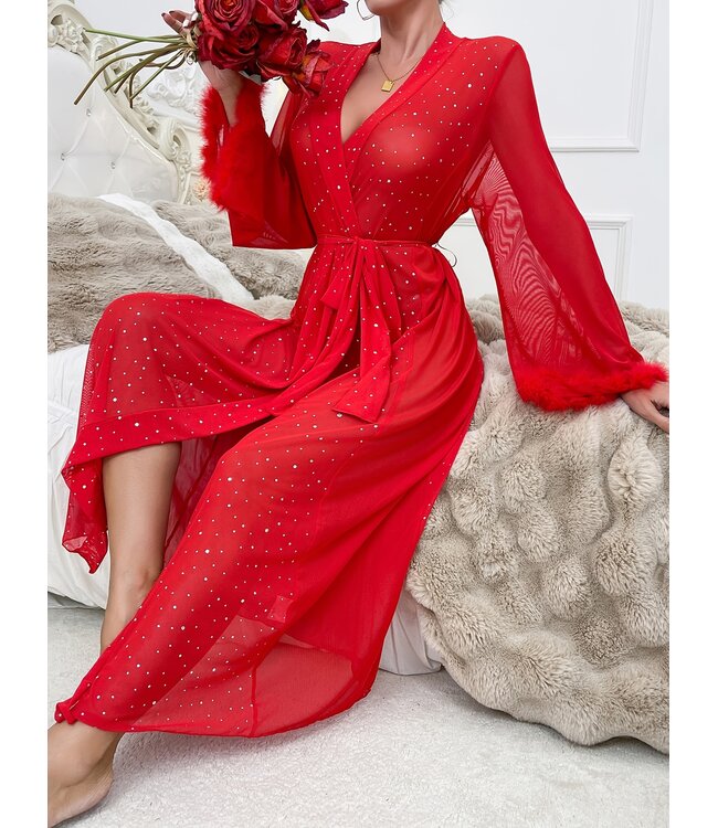 Luxe kimono sexy lingerie met strass en bont - rood