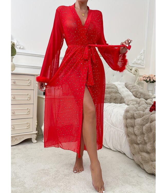 Luxe kimono sexy lingerie met strass en bont - rood