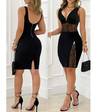 ClassyWear Sexy deep V neck bodycon jurkje met kant en rits- zwart