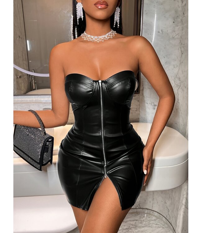 Sexy leatherlook mini jurkje met doorlopende rits - zwart