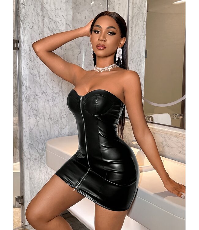 Sexy leatherlook mini jurkje met doorlopende rits - zwart