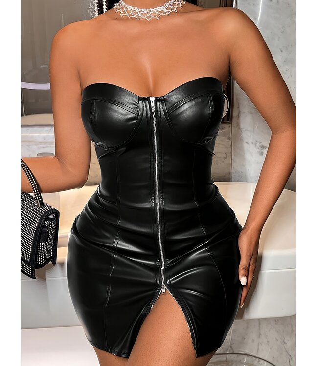 Sexy leatherlook mini jurkje met doorlopende rits - zwart