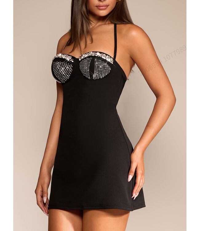 Sexy mini jurkje met strass -zwart