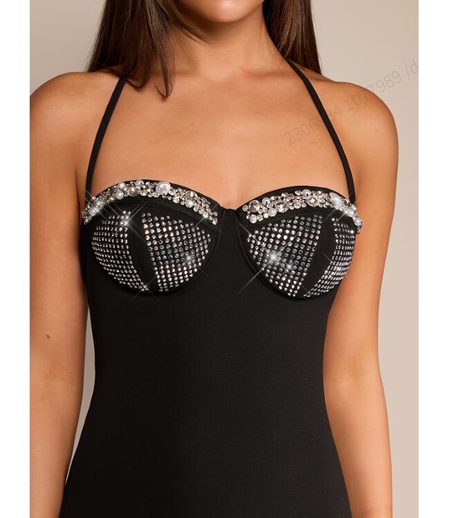 Sexy mini jurkje met strass -zwart