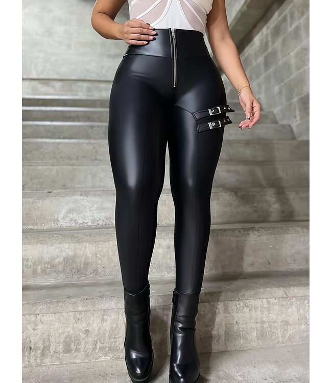 Sexy wetlook hoge taille legging met rits - zwart