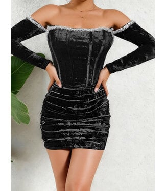 ClassyWear Sexy elegante mini jurkje met off shoulder - zwart