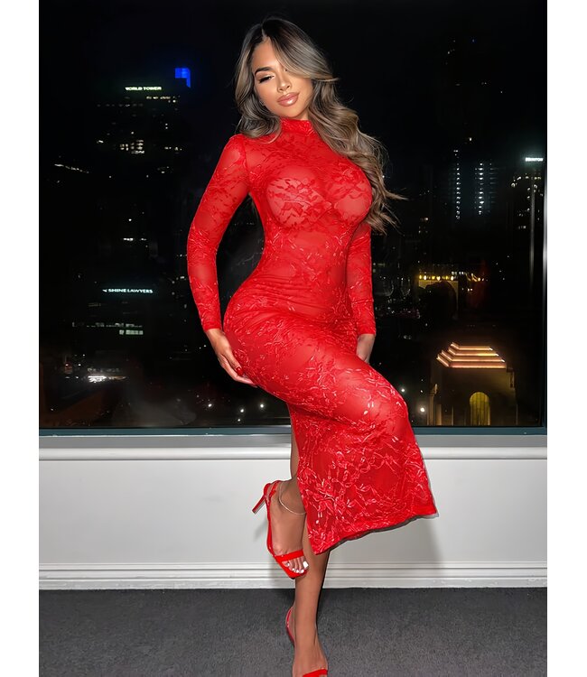 Sexy elegante kanten lang jurkje met open rug - rood