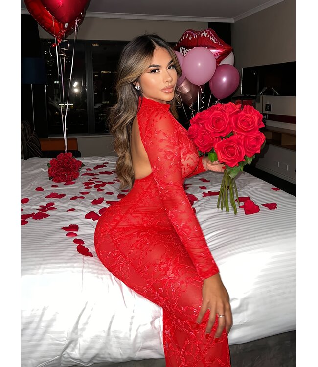 Sexy elegante kanten lang jurkje met open rug - rood