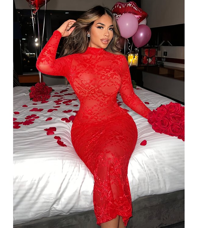 Sexy elegante kanten lang jurkje met open rug - rood