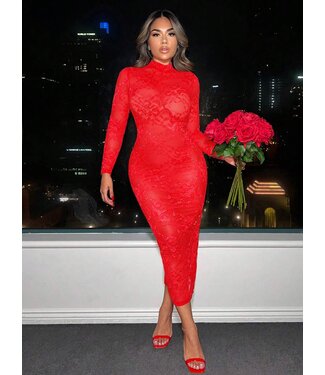 ClassyWear Sexy elegante kanten lang jurkje met open rug - rood