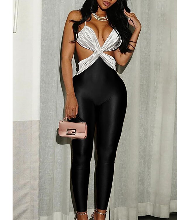 Sexy jumpsuit met open rug en cut out - zwart/wit