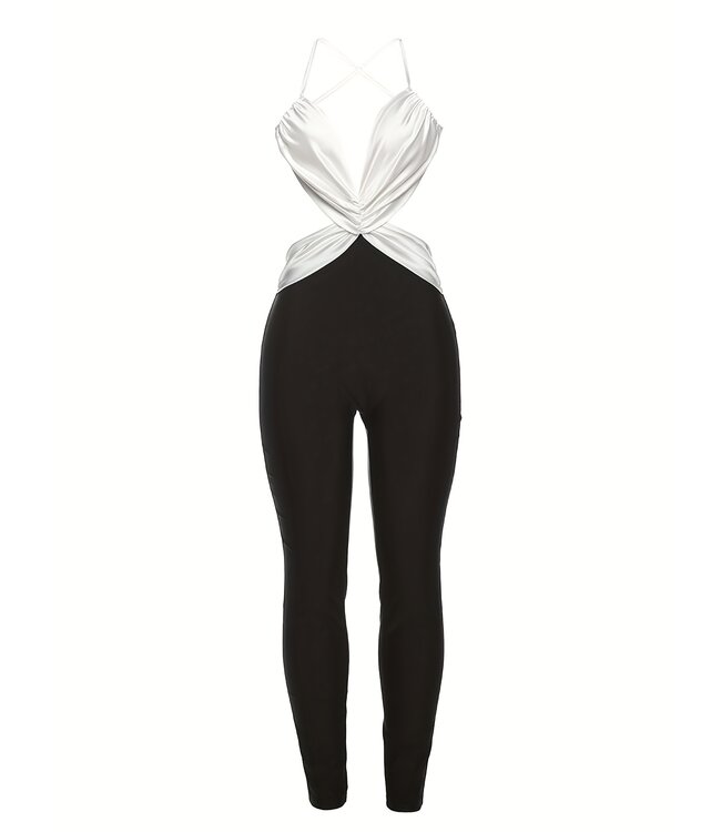 Sexy jumpsuit met open rug en cut out - zwart/wit