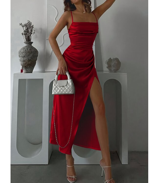 Sexy elegante lang jurk met satijnlook - rood