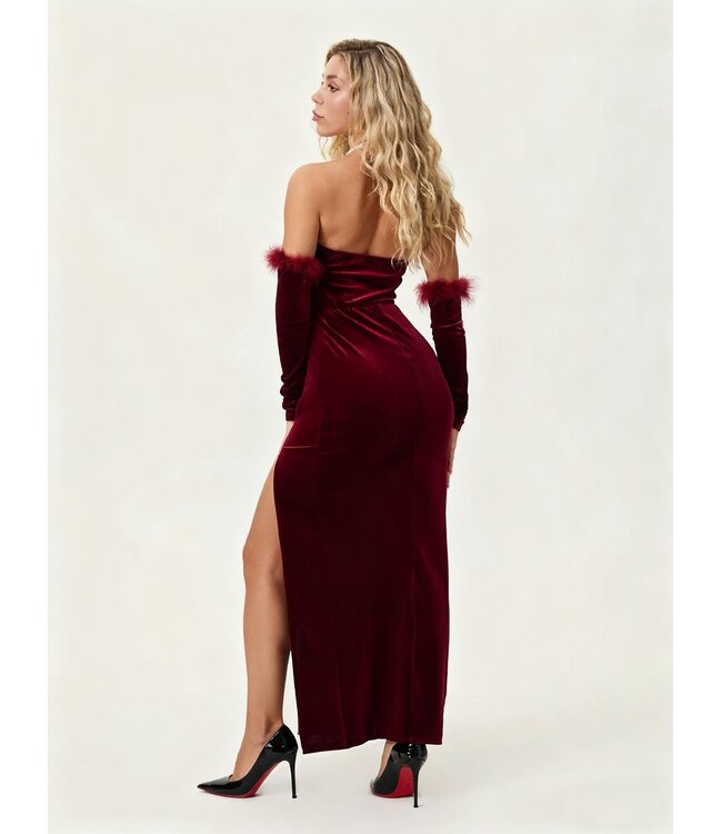 Sexy elegante velvet lang jurkje met arm warmer - wijn