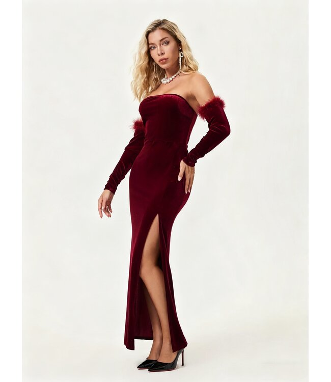 Sexy elegante velvet lang jurkje met arm warmer - wijn