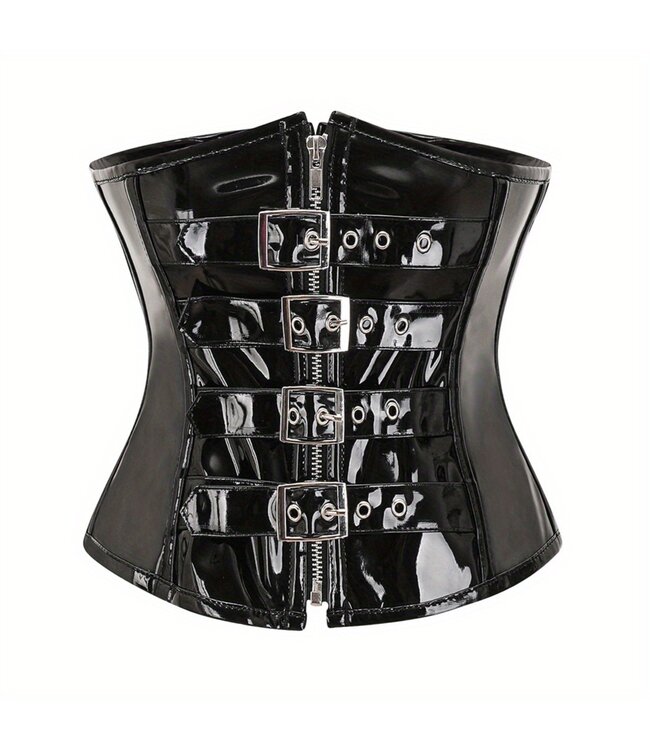 Sexy laklook underbust corset met rits en gesp - zwart