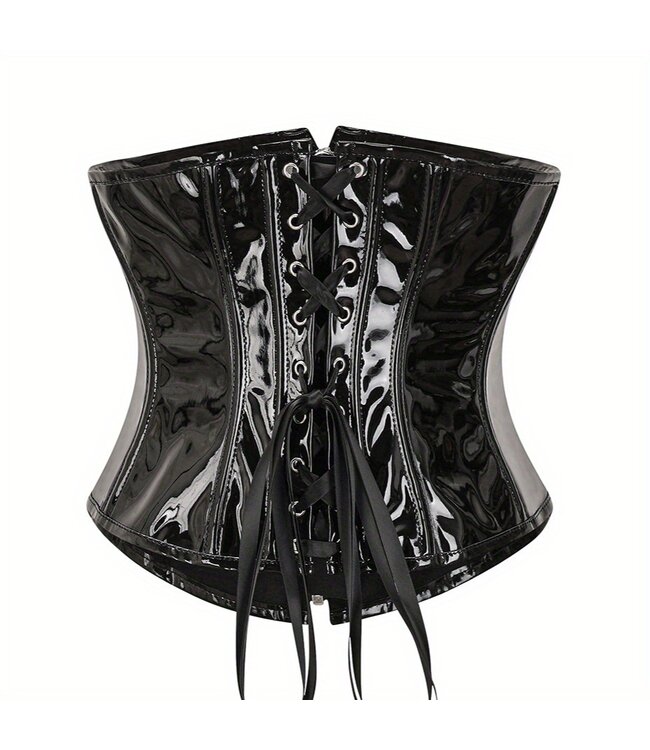 Sexy laklook underbust corset met rits en gesp - zwart