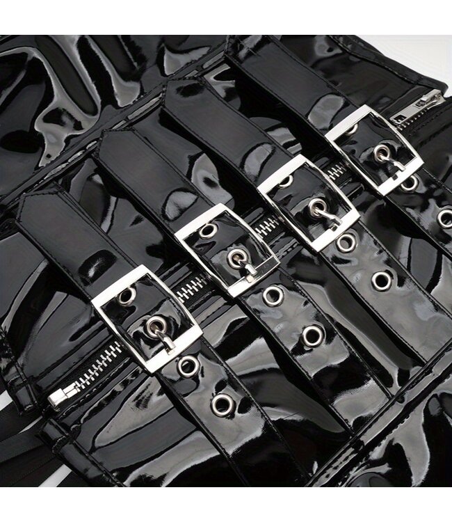 Sexy laklook underbust corset met rits en gesp - zwart