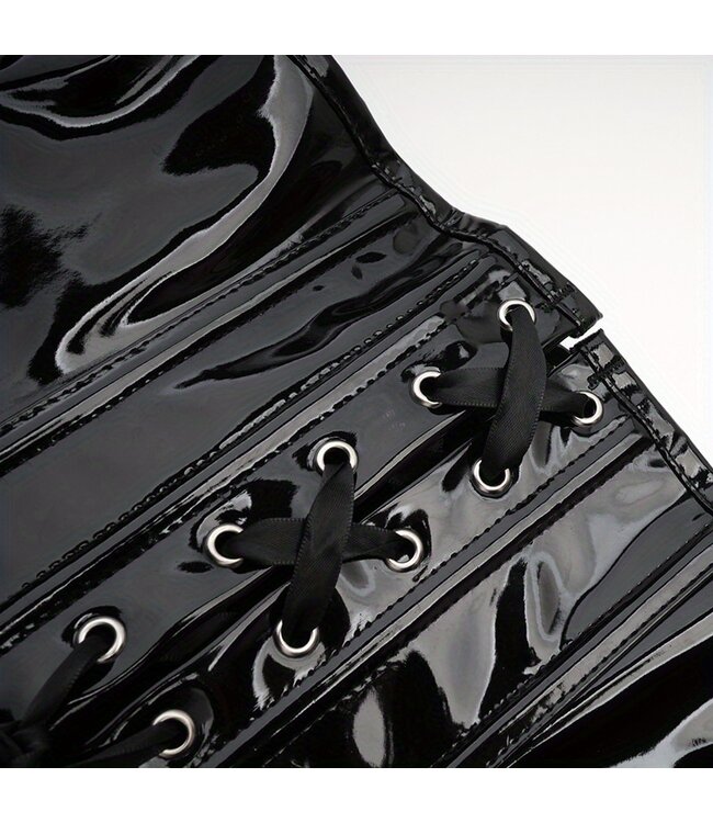 Sexy laklook underbust corset met rits en gesp - zwart