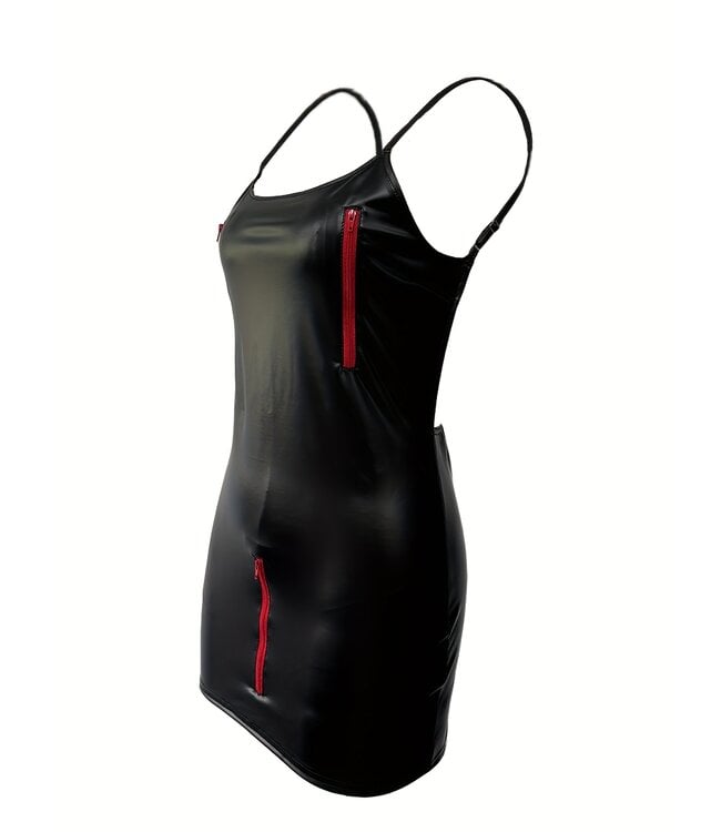 Sexy wetlook open rug jurkje met rits - zwart