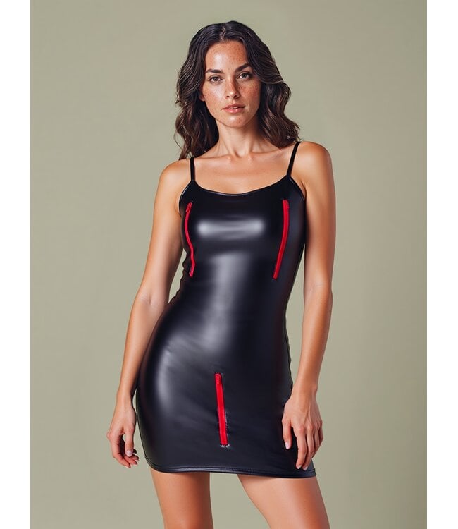 Sexy wetlook open rug jurkje met rits - zwart
