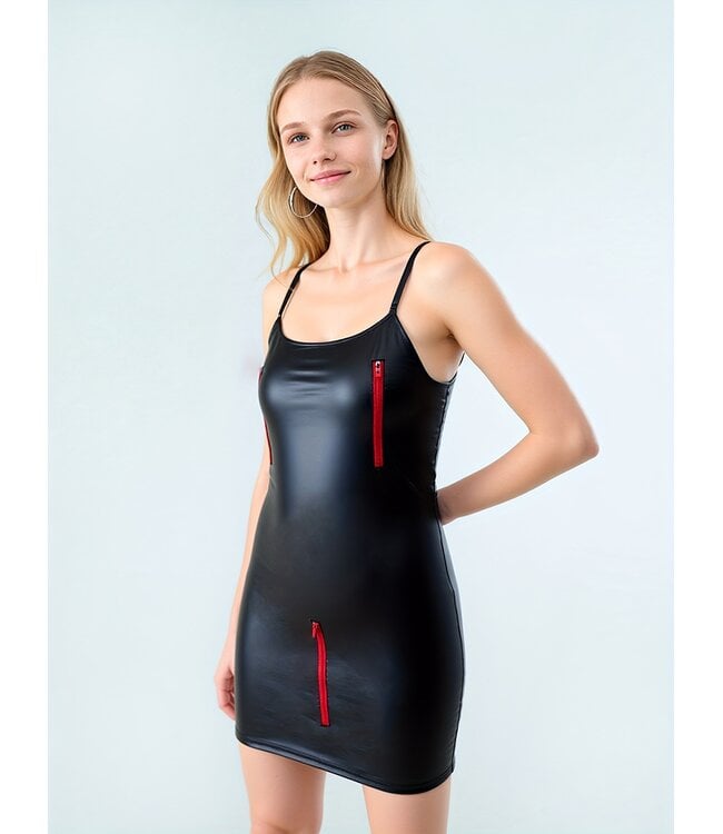Sexy wetlook open rug jurkje met rits - zwart