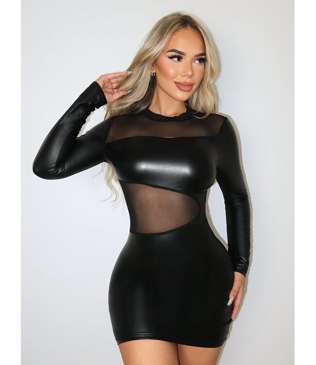 Sexy wetlook mini jurkje met doorzichtige mesh - zwart