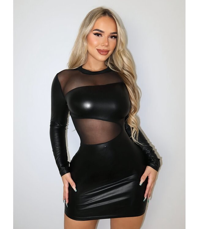 Sexy wetlook mini jurkje met doorzichtige mesh - zwart