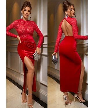 ClassyWear Luxe open rug gala jurk met kant en velvet - rood