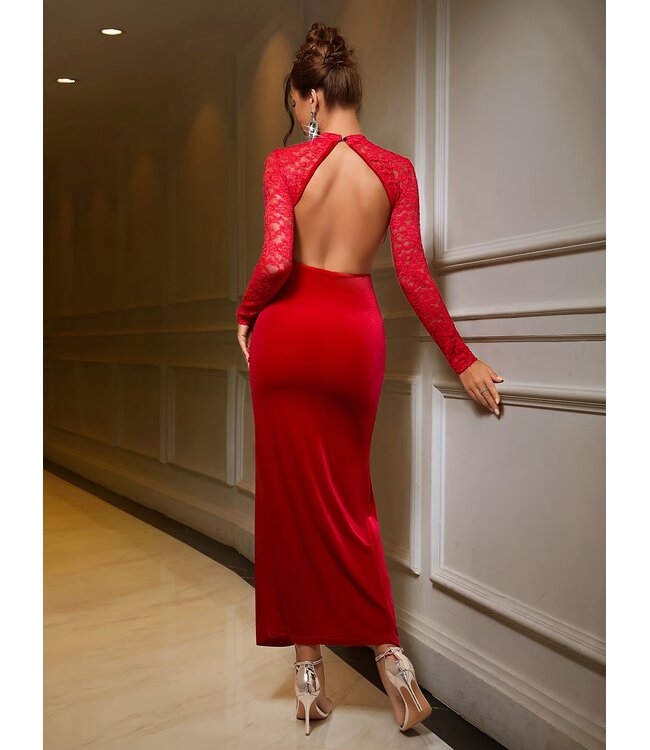Luxe open rug gala jurk met kant en velvet - rood