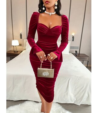 ClassyWear Sexy elegante velvet lang jurk - wijn