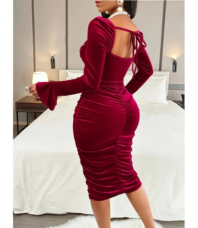 Sexy elegante velvet lang jurk - wijn